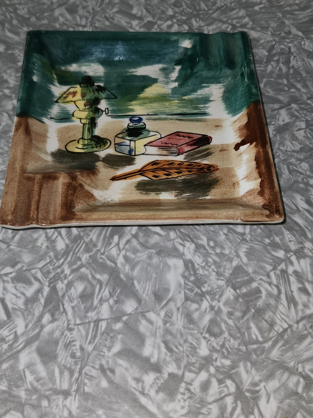 Hand-Painted Ceramic Trinket Dish in Green, Brown, Cream